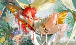 Rule 34 | 1girl, absurdres, arknights, arm up, armpits, bare shoulders, barefoot, bikini, black bikini, breasts, burnt clothes, cherry, cleavage, closed mouth, day, detached sleeves, earrings, feet out of frame, flower, food, fruit, hair ornament, hammock, highres, horns, jewelry, knees up, long hair, long sleeves, looking at viewer, lying, mouth hold, navel, official alternate costume, on back, outdoors, photoshop (medium), plant, purple eyes, red hair, solo, star (symbol), star hair ornament, surtr (arknights), surtr (colorful wonderland) (arknights), swimsuit, swimsuit cover-up, thigh strap, very long hair