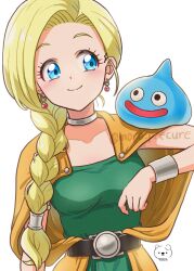Rule 34 | 1girl, belt, bianca (dq5), blonde hair, blue eyes, blush, bracelet, braid, breasts, cape, closed mouth, collarbone, commentary, dragon quest, dragon quest v, dress, earrings, green dress, hair over shoulder, highres, jewelry, long hair, medium breasts, moro precure, neck ring, on shoulder, orange cape, simple background, single braid, slime (dragon quest), smile, twitter username, upper body, white background