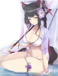 Rule 34 | 1girl, absurdres, animal ear fluff, animal ears, bikini, black hair, blue archive, blush, breasts, cleavage, closed mouth, collarbone, colored inner hair, flower, fox ears, hair between eyes, hair flower, hair ornament, halo, halterneck, highres, large breasts, long hair, looking at viewer, multicolored hair, navel, partially submerged, ryuu., shallow water, sitting, smile, solo, string bikini, swimsuit, thick thighs, thighs, two-tone hair, umbrella, very long hair, wakamo (blue archive), wakamo (swimsuit) (blue archive), water, wet, white bikini, yellow eyes
