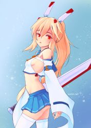 Rule 34 | 1girl, arescr, ass, ayanami (azur lane), azur lane, belt, blonde hair, blue skirt, breasts, choker, commentary request, detached sleeves, from side, greatsword, hair between eyes, hair ornament, hairclip, head tilt, headgear, long hair, looking at viewer, looking to the side, medium breasts, midriff, navel, parted lips, pleated skirt, ponytail, red eyes, retrofit (azur lane), ribbon-trimmed sleeves, ribbon trim, school uniform, serafuku, sideboob, sidelocks, simple background, skirt, solo, sword, thighhighs, white thighhighs, wide sleeves, zettai ryouiki