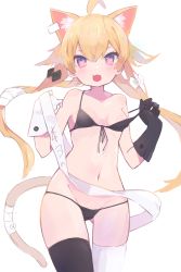 Rule 34 | 1girl, absurdres, animal ears, asymmetrical gloves, asymmetrical legwear, bandaged tail, bikini, bikini pull, black bikini, black gloves, black thighhighs, blonde hair, bow, breasts, cat ears, cat tail, clothes pull, commission, gloves, hair bow, hands up, highres, long hair, looking at viewer, mismatched gloves, mismatched legwear, natsu-no-kamisama, open mouth, original, pink eyes, skeb commission, small breasts, solo, swimsuit, tail, thighhighs, twintails, very long hair, white gloves, white thighhighs