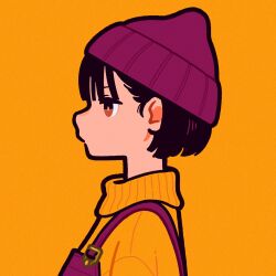 Rule 34 | 1girl, absurdres, beanie, black hair, bright pupils, brown eyes, brown hat, brown overalls, commentary, english commentary, expressionless, hat, highres, miyoshi yoshimi, orange background, orange sweater, original, overalls, short hair, simple background, solo, sweater, white pupils