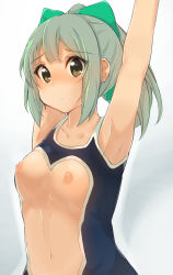 Rule 34 | 10s, 1girl, alternate costume, arm behind head, arm grab, arm up, armpits, bad id, bad pixiv id, bare arms, blush, bow, breasts, brown eyes, green hair, hair bow, kantai collection, kunugi miyaco, looking at viewer, medium breasts, nipples, one-piece swimsuit, ponytail, revealing clothes, short hair, solo, swimsuit, upper body, yuubari (kancolle)