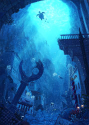 Rule 34 | blue theme, bridge, bubble, coral, day, fish, highres, jellyfish, light particles, no humans, ocean, original, outdoors, pei (sumurai), railing, ruins, scenery, sea turtle, turtle, underwater