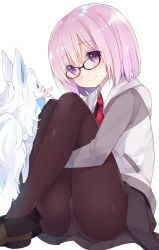 Rule 34 | 1girl, bad id, bad twitter id, black-framed eyewear, black pantyhose, blush, closed mouth, eye contact, fate/grand order, fate (series), fou (fate), glasses, hair between eyes, legs together, light purple hair, looking at another, mash kyrielight, panties, panties under pantyhose, pantyhose, purple eyes, purple hair, shoes, short hair, simple background, smile, solo, thighs, underwear, watanon (gakushokutei), white background, white panties