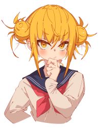 Rule 34 | 1girl, absurdres, beige sweater, blonde hair, blue sailor collar, blush, boku no hero academia, closed mouth, collarbone, commentary, cropped arms, cropped torso, double bun, hair between eyes, hair bun, hand on own face, highres, long sleeves, looking at viewer, neckerchief, rasusurasu, red neckerchief, sailor collar, short eyebrows, short hair with long locks, sidelocks, simple background, sleeves past wrists, solo, toga himiko, tsurime, upper body, v-shaped eyebrows, white background, yellow eyes
