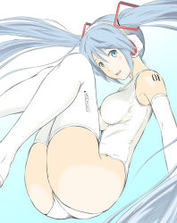 Rule 34 | 1girl, :d, ass, asunogear, blue background, blue eyes, blue hair, breasts, copyright name, detached sleeves, floating hair, from side, gradient background, hair between eyes, hairband, hatsune miku, headphones, leotard, long hair, long sleeves, looking at viewer, medium breasts, open mouth, smile, solo, tattoo, thighhighs, twintails, very long hair, vocaloid, white background, white hairband, white leotard, white sleeves, white thighhighs
