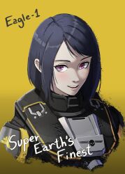 Rule 34 | 1girl, armor, black hair, character name, commentary, cropped torso, eagle 1 (helldivers), english commentary, english text, haonfest, helldivers (series), medium hair, open mouth, parted bangs, pink eyes, simple background, smile, solo, teeth, upper teeth only, yellow background