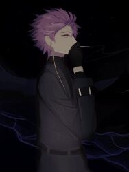 Rule 34 | 1boy, belt, black belt, black gloves, black sweater, chinese commentary, cigarette, coat, commentary request, earrings, gloves, grey coat, highres, jewelry, long sleeves, male focus, night, open clothes, open coat, purple hair, red eyes, saibou shinkyoku, salava, short hair, smoking, solo, sweater, theodore riddle, turtleneck, turtleneck sweater, upper body