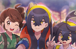 Rule 34 | 1boy, 2girls, age difference, ahoge, angry, backpack, bag, black hair, breasts, brother and sister, brown eyes, brown hair, carmine (pokemon), chiimako, clenched hand, colored inner hair, creatures (company), crossed bangs, eyebrows hidden by hair, eyelashes, flat chest, game freak, hair between eyes, hairband, hand up, happy, height difference, jinbei (clothes), juliana (pokemon), kieran (pokemon), lips, long hair, looking at viewer, mask, mask on head, matching hair/eyes, medium breasts, medium hair, mole, mole on neck, mole under eye, multicolored hair, multiple girls, nintendo, official alternate costume, official alternate hairstyle, one eye closed, open mouth, outdoors, outstretched arm, pokemon, pokemon sv, red hair, selfie, short sleeves, siblings, side ponytail, sidelocks, smile, standing, summer festival, swept bangs, tsundere, two-tone hair, v, v-shaped eyebrows, wavy hair, wide sleeves, wink, yellow eyes, yellow hairband