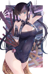 Rule 34 | 1girl, asm ln, bare shoulders, black dress, blue eyes, blunt bangs, border, breasts, china dress, chinese clothes, cleavage, covered navel, detached sleeves, dress, fate/grand order, fate (series), floral print, flute, hair ornament, hands up, instrument, large breasts, long hair, looking at viewer, open mouth, pipa (instrument), purple hair, sidelocks, solo, thighs, twintails, very long hair, white border, yang guifei (fate)