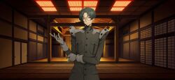 Rule 34 | 1boy, architecture, armor, artist request, asahina shougo, black hair, blue eyes, bob cut, breast pocket, buttons, closed mouth, code geass, code geass: lost stories, east asian architecture, fusuma, game cg, glasses, gloves, green jacket, grey-framed eyewear, grey gloves, hair intakes, half-closed eyes, hand up, happy, highres, holding own arm, indoors, jacket, long sleeves, looking at viewer, male focus, military uniform, non-web source, official art, parted bangs, pocket, round eyewear, short hair, shouji, shoulder armor, sidelocks, sliding doors, smile, solo, standing, uniform, upper body