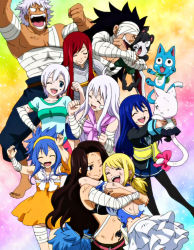 Rule 34 | 2boys, 6+girls, bandages, black hair, blonde hair, blue eyes, cana alberona, charle (fairy tail), closed eyes, elfman strauss, erza scarlet, fairy tail, gajeel redfox, happy, happy (fairy tail), hug, levy mcgarden, lisanna strauss, long hair, lucy heartfilia, mirajane strauss, multiple boys, multiple girls, one eye closed, open mouth, pantherlily, pantyhose, red hair, screencap, short hair, smile, tagme, wendy marvell