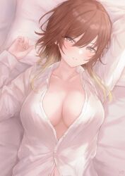 Rule 34 | 1girl, aketa mikoto, alternate costume, bed sheet, blush, breasts, brown hair, cleavage, collarbone, gameso, gradient hair, highres, idolmaster, idolmaster shiny colors, large breasts, light brown hair, looking at viewer, lying, multicolored eyes, multicolored hair, navel, on back, partially unbuttoned, pillow, shirt, smile, solo, upper body, white shirt