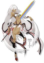 Rule 34 | 1girl, absurdly long hair, altera (fate), boushi-ya, breasts, character name, choker, commentary request, dark skin, dark-skinned female, detached sleeves, fate/grand order, fate (series), gluteal fold, halterneck, highres, holding, holding weapon, long hair, looking at viewer, midriff, navel, photon ray (fate), red eyes, skinny, small breasts, solo, sword, tattoo, tribal tattoo, very long hair, weapon, white hair