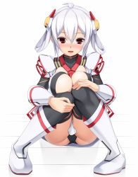 Rule 34 | 1girl, :d, black thighhighs, blush, boots, breasts, cleavage cutout, clothing cutout, edea cluster, eto, full body, hair between eyes, hair rings, hands on own knees, highres, knees together feet apart, large breasts, looking at viewer, matoi (pso2), md5 mismatch, nose blush, open mouth, phantasy star, phantasy star online 2, red eyes, resized, resolution mismatch, short hair, silver hair, sitting, smile, solo, source smaller, thighhighs, upscaled, white background