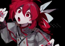 Rule 34 | 1girl, ahoge, black background, buttons, drill hair, hair between eyes, hair ribbon, highres, kananishi, kasane teto, kasane teto (sv), long sleeves, multicolored hair, open mouth, red eyes, red hair, red nails, ribbon, simple background, solo, synthesizer v, twin drills, upper body, utau, white hair, white ribbon