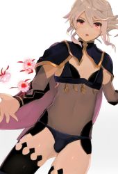 Rule 34 | 1boy, :o, alternate costume, black panties, black thighhighs, bodystocking, bulge, cape, corrin (fire emblem), corrin (male) (fire emblem), cosplay, covered navel, crossdressing, dark mage (fire emblem fates), eyebrows, fire emblem, fire emblem fates, flower, hair between eyes, highres, looking at viewer, male focus, nintendo, nyx (fire emblem), nyx (fire emblem) (cosplay), panties, parted lips, pointy ears, red eyes, revealing clothes, short hair, solo, thighhighs, trap, underwear, v-shaped eyebrows, w (1999 kyu), white hair
