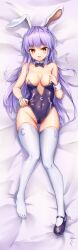 Rule 34 | 1girl, animal ears, bed sheet, black footwear, black leotard, blush, breasts, collarbone, covered navel, crescent, crescent pin, detached collar, fii fii (feefeeowo), full body, groin, hair between eyes, highres, leotard, light purple hair, long hair, lying, medium breasts, on back, open mouth, rabbit ears, red eyes, reisen udongein inaba, shoes, solo, strapless, strapless leotard, thighhighs, touhou, white thighhighs, wrist cuffs