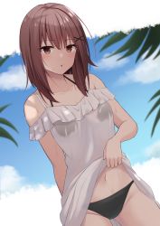 Rule 34 | 1girl, :p, akahi242, bare shoulders, bikini, bikini under clothes, black bikini, blue sky, blush, breasts, brown eyes, brown hair, closed mouth, clothes lift, collarbone, cowboy shot, day, dress, dress lift, dutch angle, frilled dress, frills, hair ornament, hairclip, highres, lifted by self, looking at viewer, medium breasts, navel, original, outdoors, see-through, short hair, sky, smile, solo, swimsuit, tongue, tongue out, wet, wet clothes, wet dress, x hair ornament