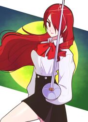 Rule 34 | 1girl, absurdres, black skirt, breasts, collared shirt, full moon, glint, hair over one eye, highres, holding, holding sword, holding weapon, huge moon, jeff miga, kirijou mitsuru, long hair, medium breasts, moon, persona, persona 3, rapier, red eyes, red hair, shirt, skirt, solo, standing, standing on one leg, sword, weapon, white background, white shirt