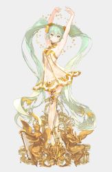Rule 34 | 1girl, aqua eyes, aqua hair, armpits, arms up, bare shoulders, blue hair, breasts, closed mouth, commentary, dress, full body, green eyes, grey background, hair between eyes, hair ornament, hatsune miku, highres, jewelry, kissai, long hair, looking at viewer, miku symphony (vocaloid), neckwear request, see-through, sleeveless, smile, solo, standing, star (symbol), thighhighs, twintails, very long hair, vocaloid, white dress, white thighhighs