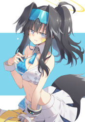 Rule 34 | 1girl, animal ears, black hair, blue archive, blue eyes, blue skirt, breasts, bright pupils, cheerleader, cleavage, commentary, criss-cross halter, dog ears, dog girl, dog tail, eyewear on head, gloves, grey hair, halo, halterneck, hibiki (blue archive), hibiki (cheer squad) (blue archive), highres, jitome, medium breasts, medium hair, midriff, millennium cheerleader outfit (blue archive), multicolored hair, navel, official alternate costume, pleated skirt, pom pom (cheerleading), ponytail, satou kibi, sidelocks, single glove, skirt, solo, standing, star sticker, sticker on face, stomach, streaked hair, striped, striped background, sunglasses, sweatdrop, tail, two-tone skirt, upper body, white gloves, white pupils, white skirt, wrist cuffs