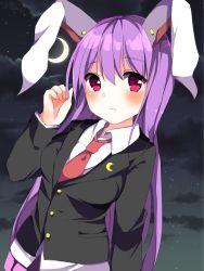 Rule 34 | 1girl, animal ears, bad id, bad twitter id, blazer, blush, buttons, closed mouth, cloud, collared shirt, commentary request, cowboy shot, crescent, crescent moon, crescent pin, hair between eyes, hand up, highres, jacket, karasusou nano, long hair, long sleeves, looking to the side, moon, necktie, night, outdoors, pink skirt, purple hair, rabbit ears, red eyes, red necktie, reisen udongein inaba, shirt, sidelocks, skirt, sky, solo, star (sky), starry sky, touhou, white shirt