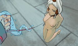 Rule 34 | 1girl, 1other, avatar: the last airbender, avatar legends, blue eyes, breasts, disclaimer, female focus, from above, hair ornament, kneeling, leash, navel, nude, tagme, white hair, yue (avatar)