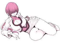 Rule 34 | 1girl, breasts, cleavage, cleavage cutout, clothing cutout, collared shirt, female focus, hair over eyes, large breasts, legs, lipstick, lying, makeup, monochrome, on side, ponsuke (pon00000), ponytail, purple theme, shermie (kof), shirt, smile, snk, solo, the king of fighters
