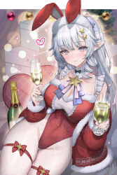 Rule 34 | 1girl, animal ears, breasts, champagne flute, christmas, cleavage, cup, drinking glass, fake animal ears, fur-trimmed jacket, fur-trimmed leotard, fur trim, grey eyes, grey hair, highleg, highleg leotard, highres, hitowa, jacket, large breasts, leotard, long hair, looking at viewer, mole, mole under eye, open clothes, open jacket, original, pantyhose, playboy bunny, pointy ears, rabbit ears, red leotard, white pantyhose