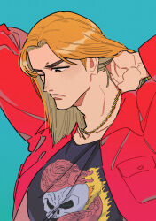 Rule 34 | 1boy, adjusting necklace, blonde hair, blue background, brown eyes, chain, chain necklace, closed mouth, commentary request, dragon print, expressionless, gold chain, inudori, jacket, jewelry, kaiji, kitami (kaiji), long hair, long sleeves, male focus, medium bangs, necklace, one eye closed, open clothes, open jacket, parted bangs, print shirt, red jacket, shirt, simple background, skull print, solo, upper body