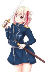 Rule 34 | 1girl, absurdres, alternate costume, between breasts, blonde hair, blue dress, bob cut, breasts, closed mouth, collared dress, dress, elhddmois, fullmetal alchemist, hair ribbon, hand up, highres, holding, holding sword, holding weapon, looking at viewer, lycoris recoil, medium breasts, military, military uniform, nishikigi chisato, one side up, red eyes, red ribbon, ribbon, scabbard, sheath, short dress, short hair, smile, solo, strap between breasts, sword, transparent background, uniform, weapon