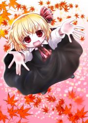 Rule 34 | 1girl, ascot, autumn leaves, black footwear, black skirt, blonde hair, dress shirt, eyelashes, fang, flying, foreshortening, gradient background, hair ribbon, leaf, long sleeves, looking at viewer, maple leaf, open hands, open mouth, outstretched arms, pink background, reaching, reaching towards viewer, red ascot, red eyes, ribbon, rumia, shirt, short hair, skirt, solo, touhou, tsukiori sasa, waistcoat