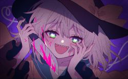 Rule 34 | 1girl, black hat, blood, blue background, commentary request, green eyes, hands up, hat, hat ribbon, heart, heart-shaped pupils, heart of string, highres, holding, holding knife, knife, komeiji koishi, looking at viewer, medium hair, open mouth, pink blood, ribbon, sharp teeth, shirt, smile, solo, symbol-shaped pupils, teeth, touhou, touya (konpekitou), upper body, wide sleeves, yellow ribbon, yellow shirt