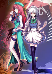 Rule 34 | 2girls, bad id, bad pixiv id, braid, china dress, chinese clothes, dress, female focus, hat, hong meiling, immaterial and missing power, izayoi sakuya, long hair, maid, mitsu (tendou itsuki), multiple girls, red eyes, red hair, ribbon, short hair, silver hair, thighhighs, touhou