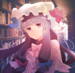 Rule 34 | 1girl, blue bow, blue ribbon, blunt bangs, blurry, blurry background, book, bookshelf, bow, bowtie, capelet, commentary, crescent, crescent hat ornament, dress, hair bow, hat, hat ornament, hat ribbon, highres, korean commentary, library, long hair, mob cap, patchouli knowledge, pink bow, pink bowtie, pink capelet, purple hair, red bow, red ribbon, repya9, ribbon, sidelocks, solo, sparkle, striped clothes, striped dress, touhou, upper body, vertical-striped clothes, vertical-striped dress, white dress, white hat