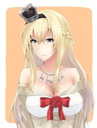 Rule 34 | 10s, 1girl, bare shoulders, blonde hair, blue eyes, braid, breasts, cleavage, crown, dress, french braid, hairband, jewelry, kantai collection, large breasts, long hair, looking at viewer, matsunaga garana, mini crown, necklace, off-shoulder dress, off shoulder, smile, solo, upper body, warspite (kancolle), white dress