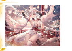 Rule 34 | 1girl, armpits, arms up, azur lane, breasts, character name, closed mouth, dragon girl, dragon horns, dragon tail, gradient sky, highres, horns, japanese clothes, lantern, long hair, looking at viewer, medium breasts, navel, non-web source, official art, outdoors, ozzingo, page number, paper lantern, parted lips, pelvic curtain, red eyes, revealing clothes, shimanto (azur lane), shiny skin, sky, smile, solo, sunset, tail, thighhighs, thighs, white hair