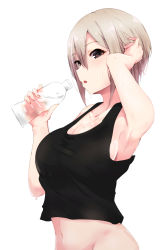 Rule 34 | 1girl, :o, absurdres, adjusting hair, arm up, armpits, black eyes, black tank top, blush, bottle, breasts, cleavage, collarbone, commentary request, from side, grey hair, hair between eyes, hand in own hair, highres, holding, holding bottle, idolmaster, idolmaster cinderella girls, large breasts, looking at viewer, navel, no panties, open mouth, ryuu., shiomi syuko, short hair, sideboob, sidelocks, simple background, sleeveless, solo, sweat, sweatdrop, tank top, upper body, water bottle, white background