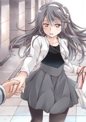 Rule 34 | 10s, 1boy, 1girl, alternate costume, anchor necklace, bag, black shirt, blush, breasts, brown eyes, collarbone, commentary request, fingernails, grey hair, grey skirt, hair ornament, hairclip, hand grab, haruna (kancolle), headband, highres, holding, holding bag, jacket, jewelry, kantai collection, long hair, long sleeves, looking at another, medium breasts, necklace, open mouth, pantyhose, pleated skirt, pov, pov hands, shirt, shopping bag, skirt, tile floor, tiles, walking, white jacket, yukiharu