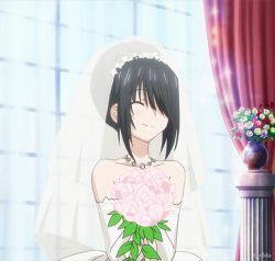 Rule 34 | 10s, 1girl, animated, animated gif, bare shoulders, black hair, bouquet, bridal veil, bride, curtains, date a live, dress, elbow gloves, closed eyes, flower, gloves, hair over one eye, holding, holding bouquet, lowres, screencap, smile, solo, talking, tokisaki kurumi, vase, veil, wedding dress, white gloves, window