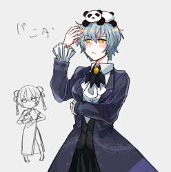 Rule 34 | 1girl, angela (project moon), animal, animal on head, ascot, black skirt, black vest, blue coat, blue hair, blush, breasts, coat, collared shirt, cowboy shot, frilled sleeves, frills, large breasts, library of ruina, on head, panda, project moon, shirt, short hair, skirt, solo, vest, white ascot, white shirt, wing collar, yellow eyes, yono neie