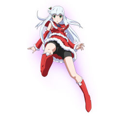 Rule 34 | 10s, 1girl, aoki hagane no arpeggio, bike shorts, black shorts, boots, bow, detached sleeves, green eyes, hair ornament, iona (aoki hagane no arpeggio), long hair, looking at viewer, necktie, red bow, red necktie, red skirt, santa boots, santa costume, shorts, shorts under skirt, silver hair, simple background, skirt, solo, white background, yoshida keiji