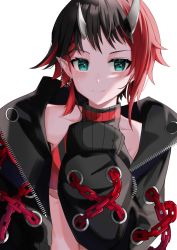 Rule 34 | 1girl, black hair, black jacket, blue eyes, blush, breasts, chain, closed mouth, commentary, cropped jacket, demon girl, demon horns, ear chain, ear piercing, earrings, highres, horns, jacket, jewelry, long sleeves, looking at viewer, medium breasts, multicolored hair, nanashi inc., navel, open clothes, open jacket, piercing, pointy ears, red hair, ryugasaki rene, ryugasaki rene (1st costume), short hair, simple background, sleeves past fingers, sleeves past wrists, smile, solo, sugar lyric, two-tone hair, underboob, upper body, virtual youtuber, white background, yuru. (m29125567), zipper