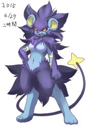 Rule 34 | 1girl, artist request, breasts, creatures (company), female focus, full body, furry, furry female, game freak, gen 4 pokemon, luxray, nintendo, no humans, open mouth, pokemon, pokemon (creature), simple background, solo, white background, yellow eyes
