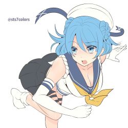 Rule 34 | 10s, 1girl, bad id, bad twitter id, bent over, blue eyes, blue hair, blush, breasts, cleavage, double bun, downblouse, elbow gloves, female focus, gloves, hair bun, hat, kantai collection, large breasts, matching hair/eyes, neckerchief, open mouth, sailor hat, school uniform, serafuku, simple background, skirt, sleeves rolled up, solo, sts, uniform, urakaze (kancolle), white background, white hat, white legwear, yellow neckerchief