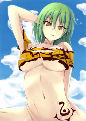 Rule 34 | 10s, 1girl, :p, arm behind head, arm support, bare shoulders, bloodhound, bottomless, breasts, cleavage, closed mouth, cloud, crop top, day, green hair, hikage (senran kagura), kneeling, large breasts, looking at viewer, navel, off shoulder, out-of-frame censoring, senran kagura, short hair, sky, slit pupils, solo, spread legs, tattoo, tongue, tongue out, torn clothes, underboob, yellow eyes