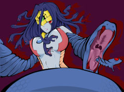 Rule 34 | 1girl, between breasts, breasts, covered erect nipples, duel monster, extra eyes, forked tongue, jewelry, monster girl, necklace, red eyes, snake, snake arms, snake hair, snake tail, tail, tongue, vennominaga the deity of poisonous snakes, yu-gi-oh!, yu-gi-oh! gx