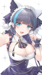 Rule 34 | 1girl, animal ears, apron, aqua eyes, azur lane, breasts, cheshire (azur lane), cleavage, detached sleeves, fake animal ears, frilled hairband, frilled headband, frilled ribbon, frills, futasan, hairband, large breasts, looking at viewer, maid, maid headdress, multicolored hair, open mouth, puffy detached sleeves, puffy sleeves, purple apron, purple hair, ribbon, selfie, simple background, solo, streaked hair, two-tone hair, wrist cuffs